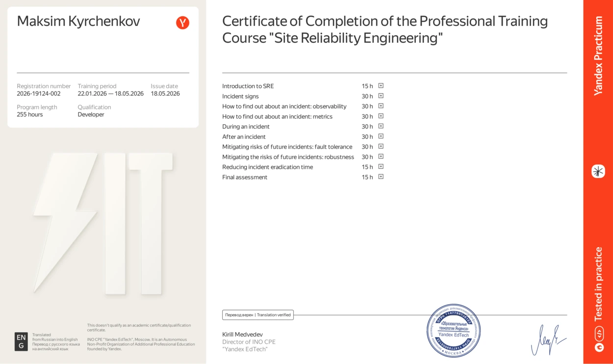 Certificate of Site Reliability Engineering
