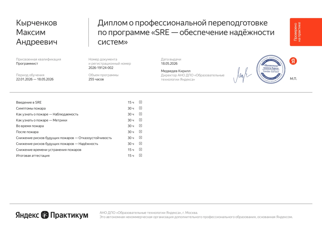Диплом о профессиональной переподготовке по программе SRE